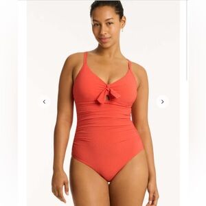 Sea Level Swim Messina Tie Front DD/ E One Piece Swimsuit Flame Orange US 8